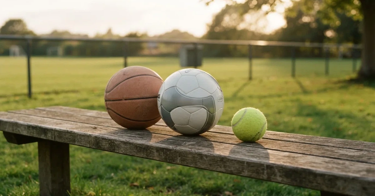 Drie ballen van verschillende soorten naast elkaar op een houten bank