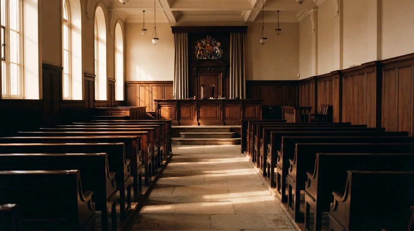 Een lege rechtszaal met houten banken in het ochtendlicht