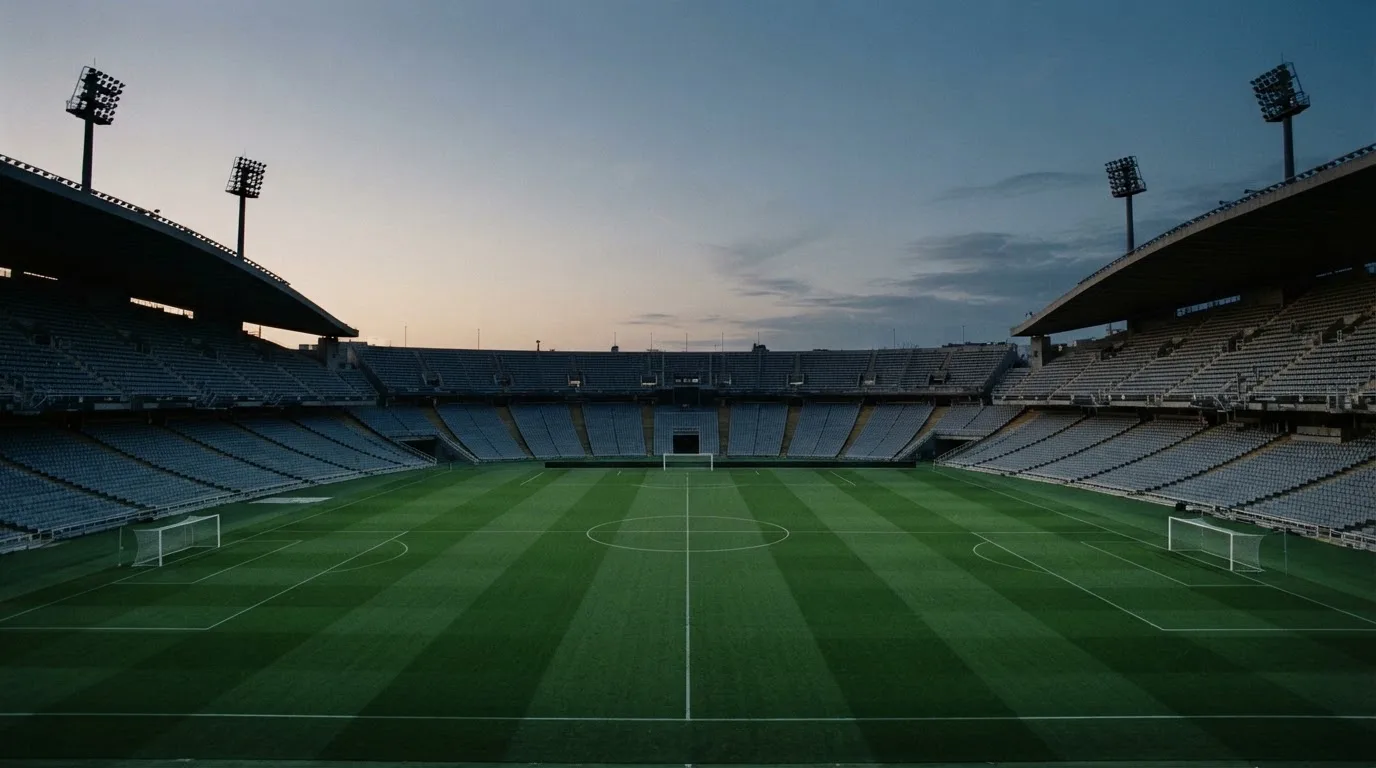 Een leeg voetbalstadion met lichtmasten bij schemering