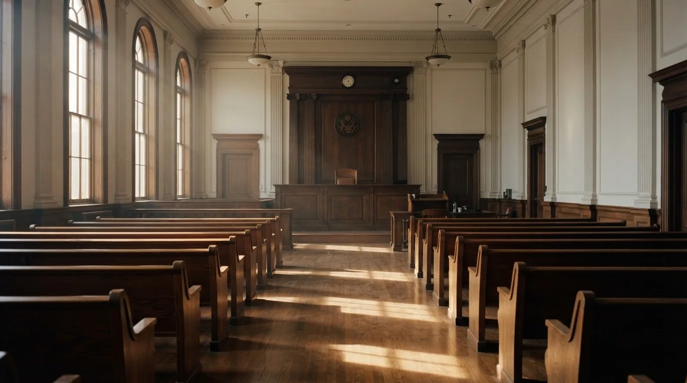 Een lege rechtszaal met houten banken in het ochtendlicht
