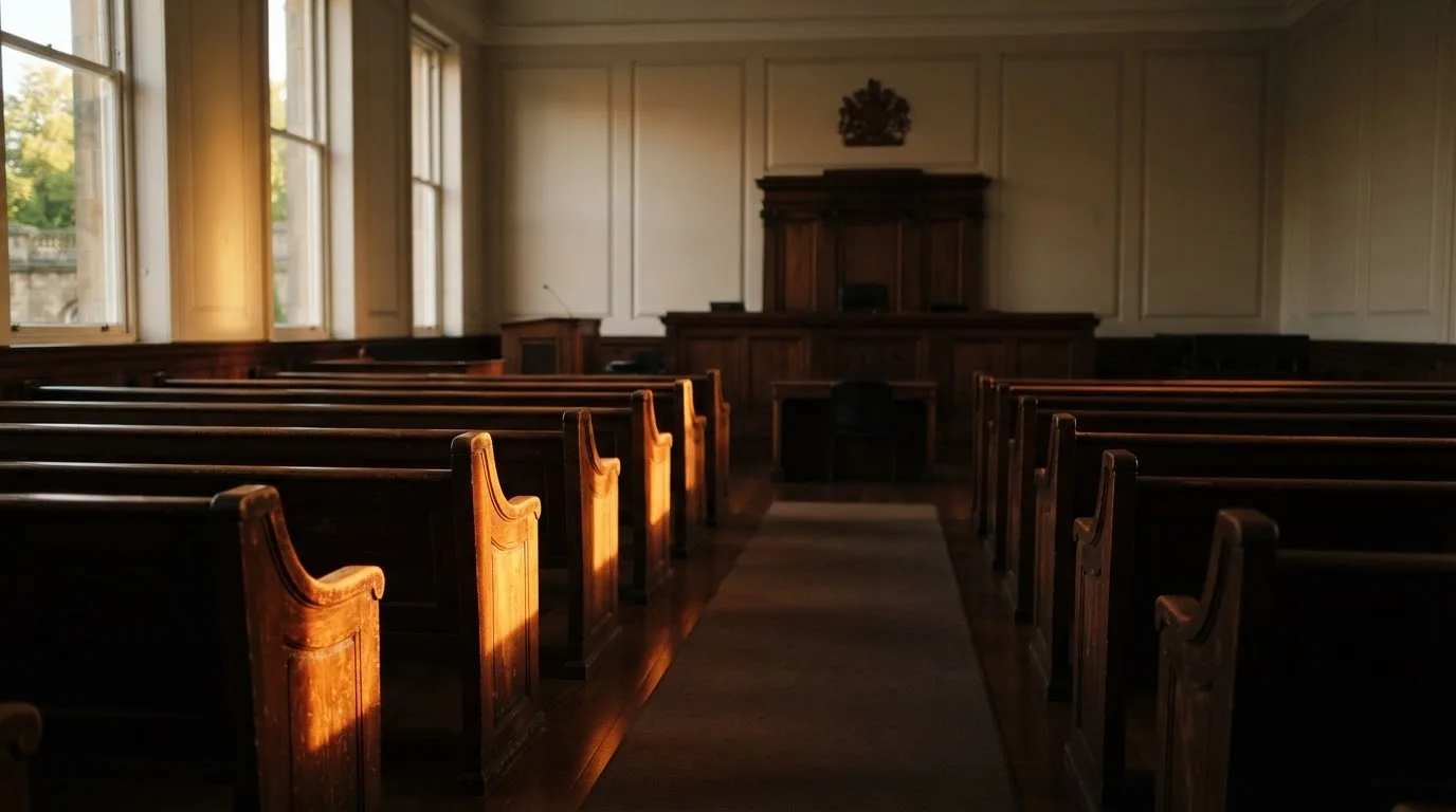 Een lege rechtszaal met houten banken in het ochtendlicht
