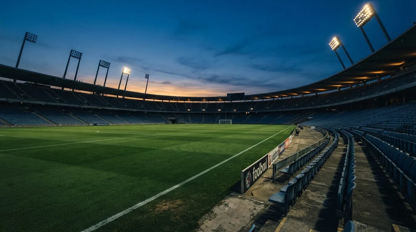 Een leeg voetbalstadion met lichtmasten bij schemering
