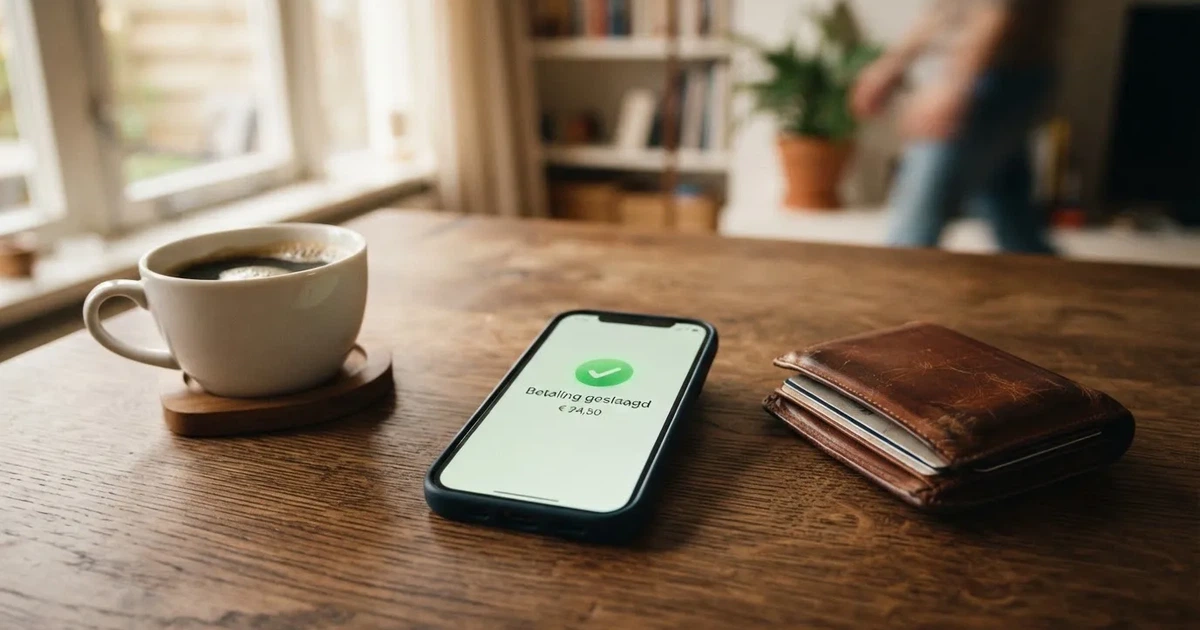 Een smartphone op een houten tafel naast een portemonnee en een kopje koffie