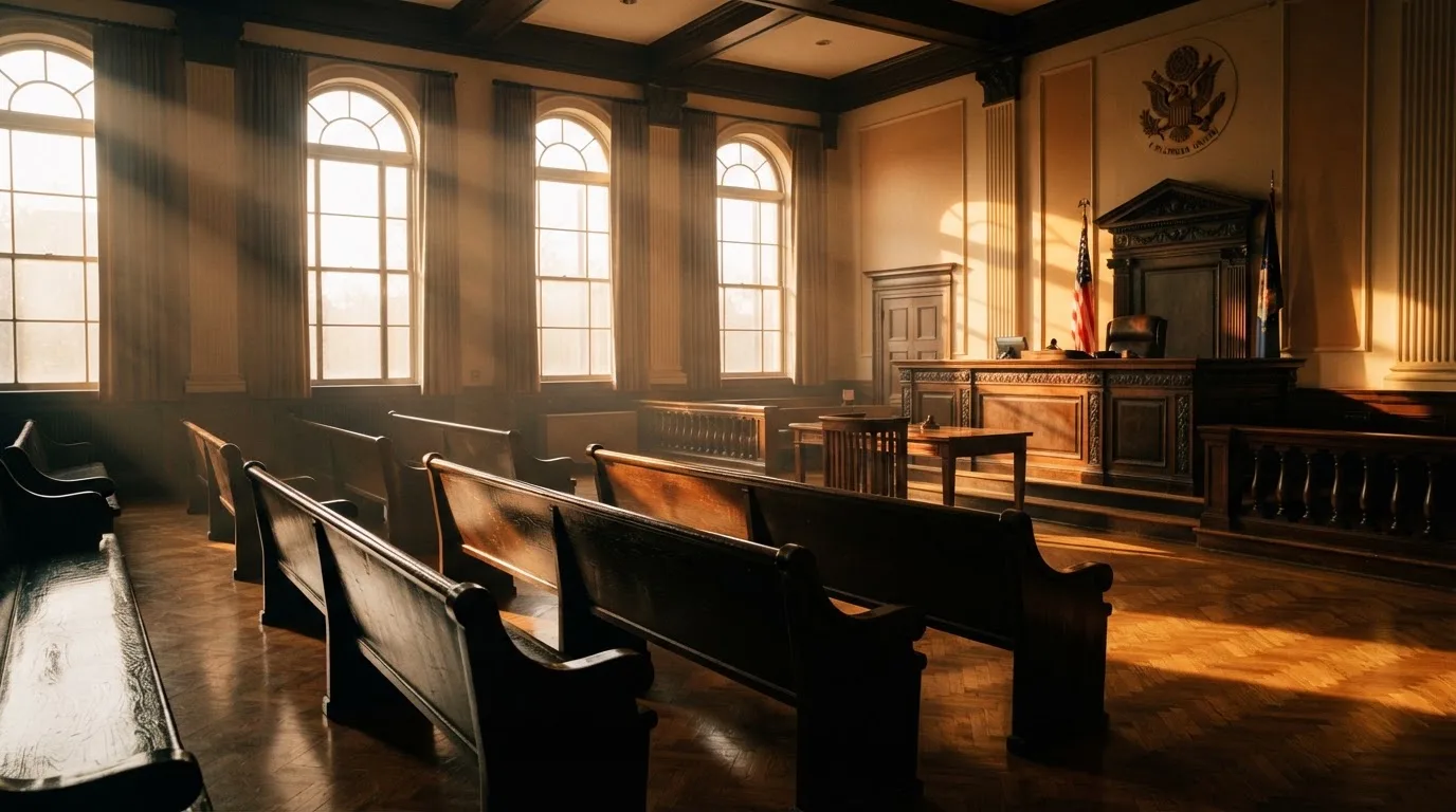 Een lege rechtszaal met houten banken in het ochtendlicht