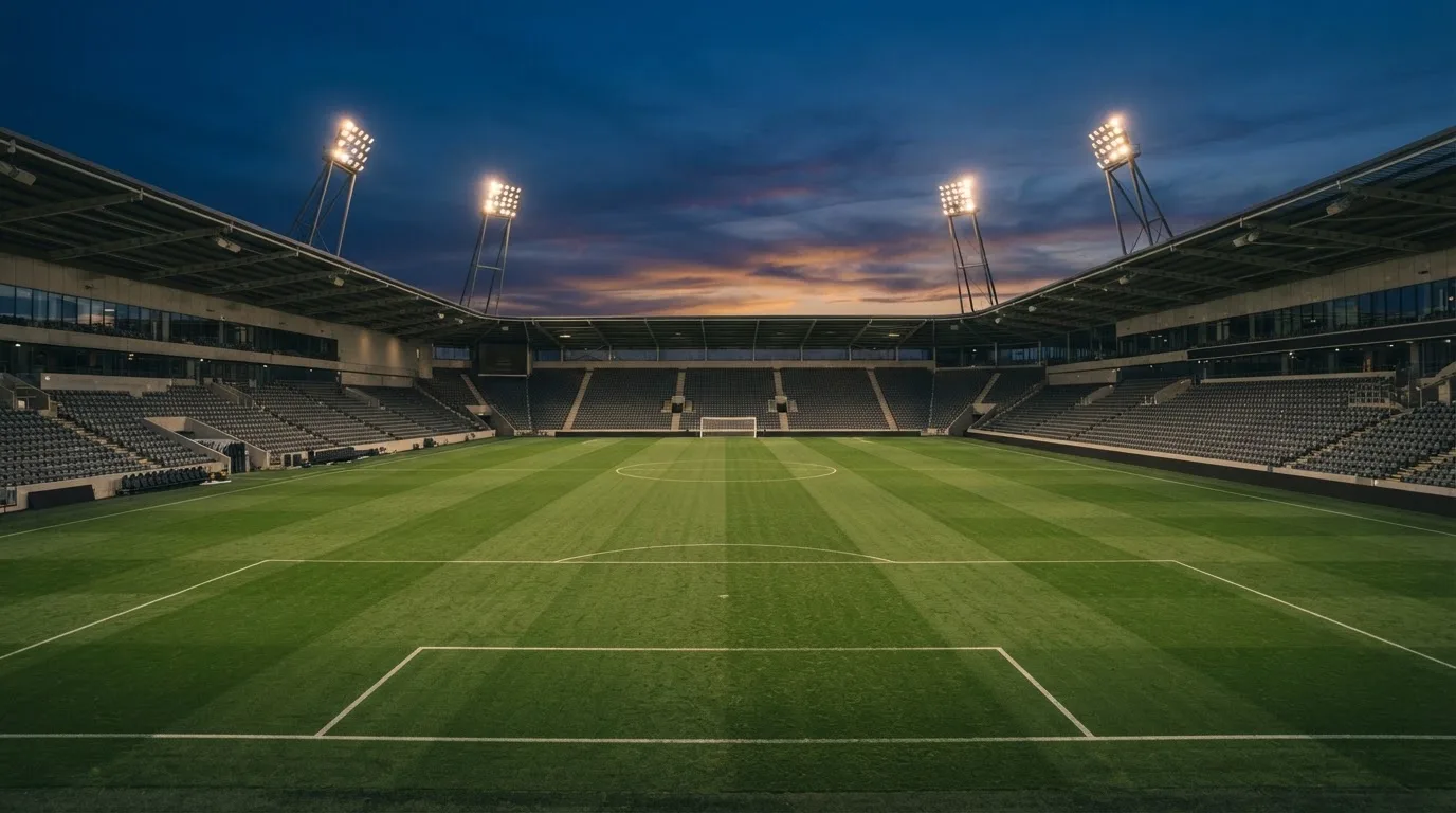 Een leeg voetbalstadion met lichtmasten bij schemering