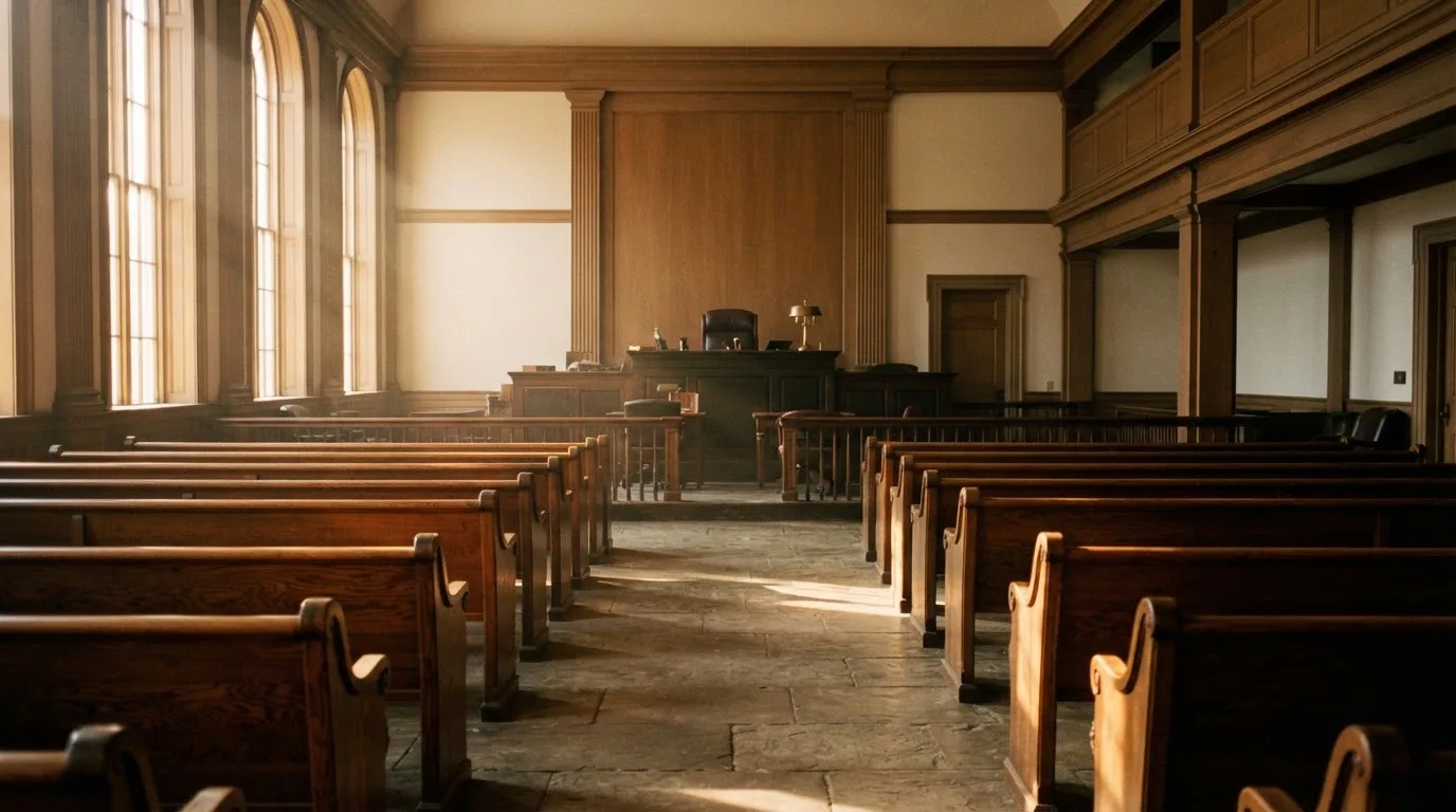 Een lege rechtszaal met houten banken in het ochtendlicht