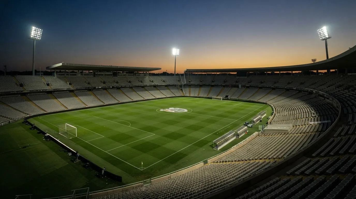 Een leeg voetbalstadion met lichtmasten bij schemering