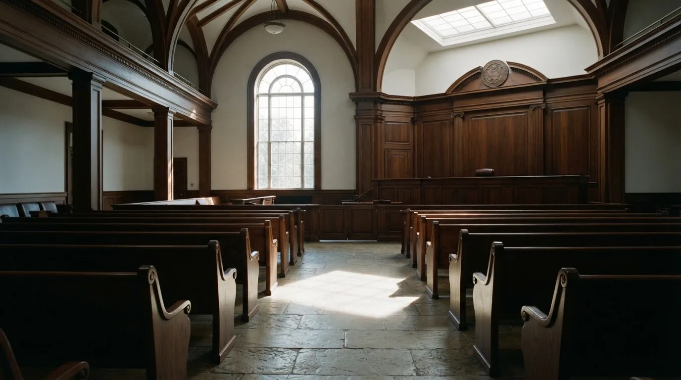 Een lege rechtszaal met houten banken in het ochtendlicht