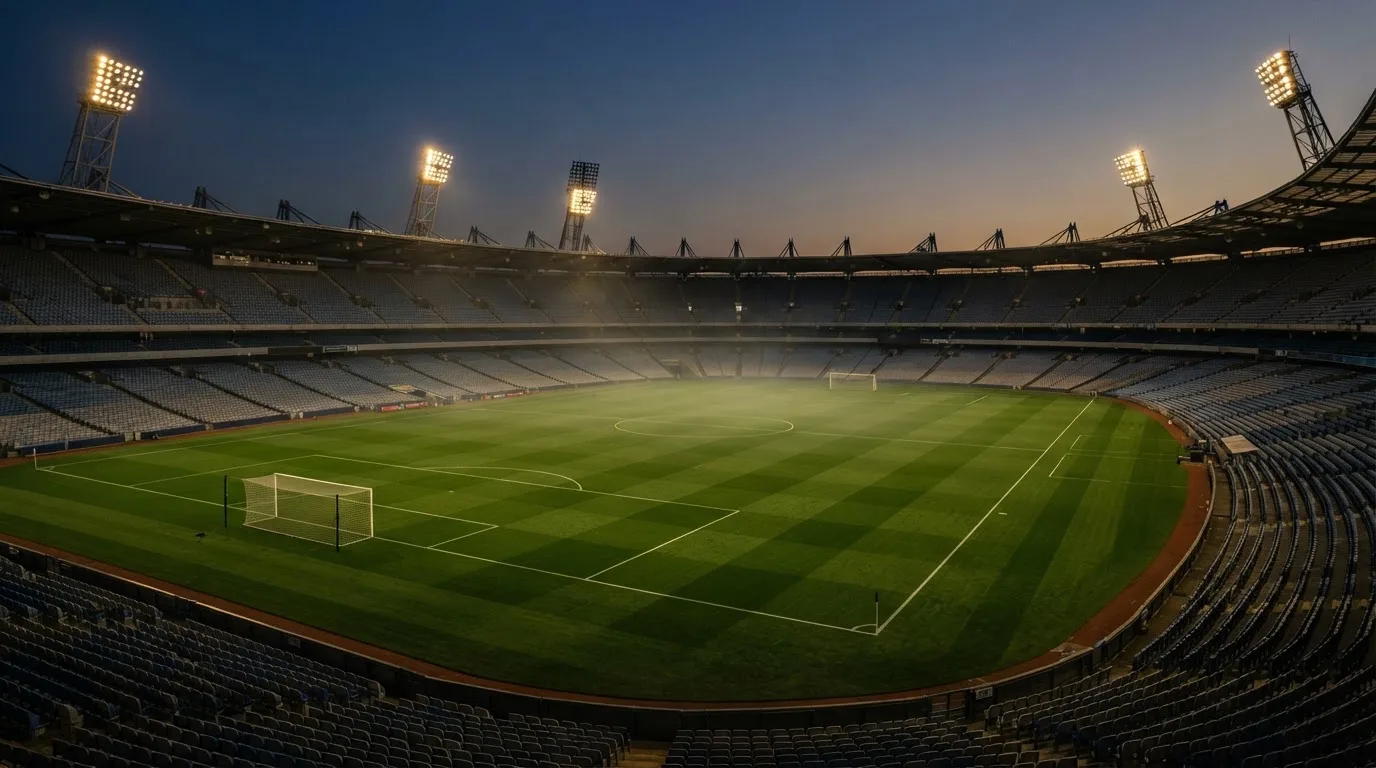 Een leeg voetbalstadion met lichtmasten bij schemering