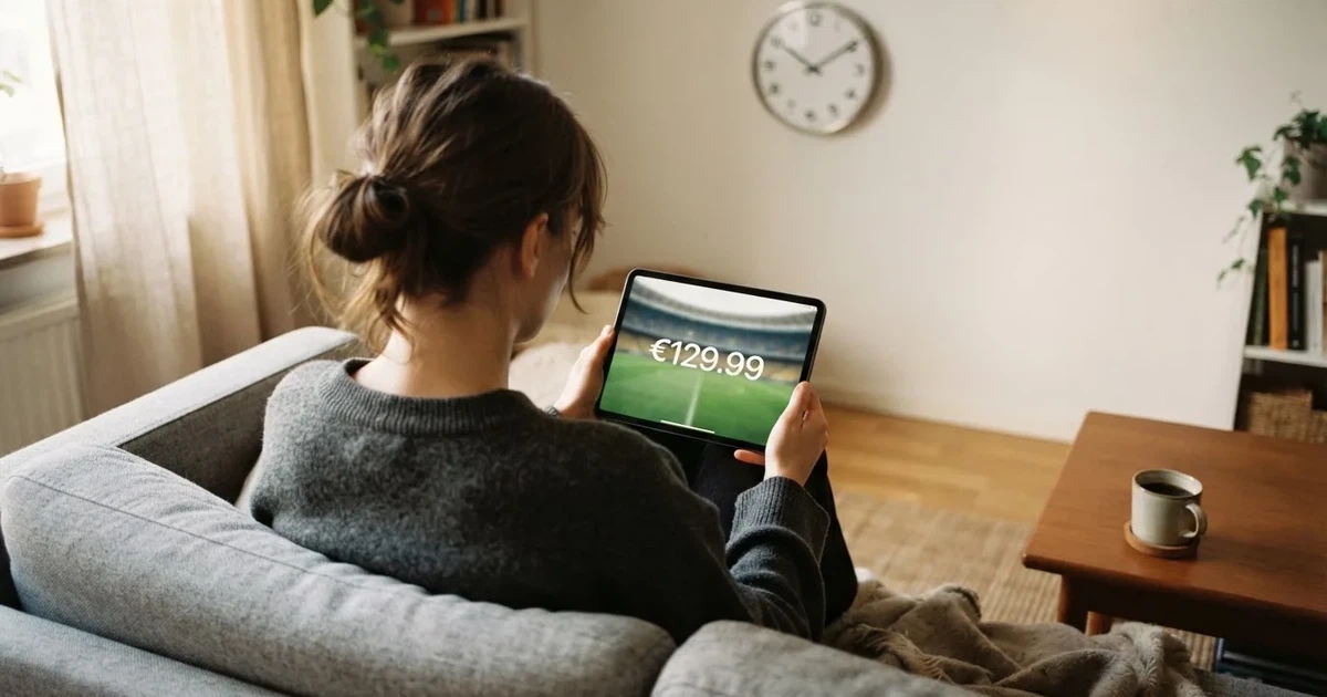 Een persoon op de bank kijkt peinzend naar een tablet, op de achtergrond een klok aan de muur
