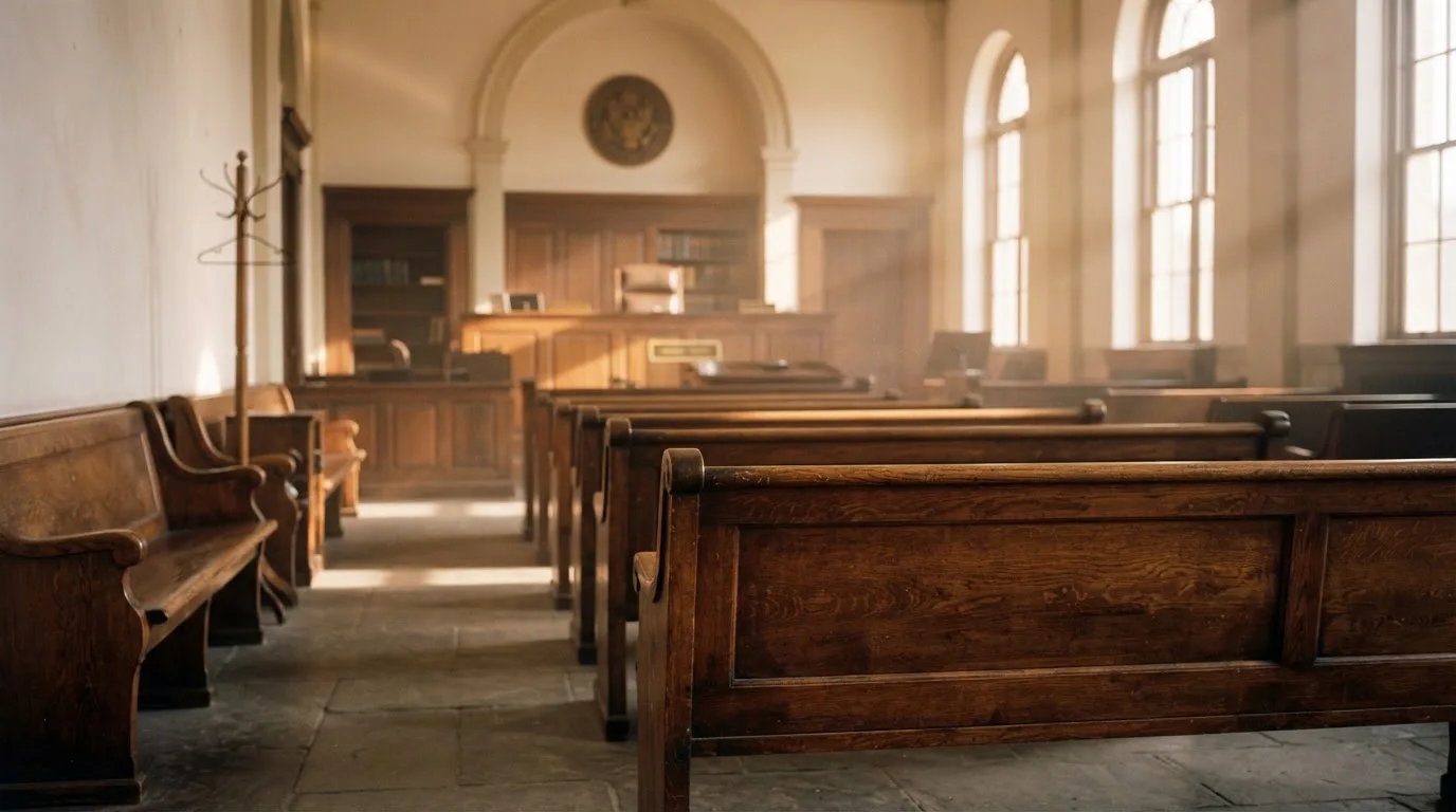 Een lege rechtszaal met houten banken in het ochtendlicht