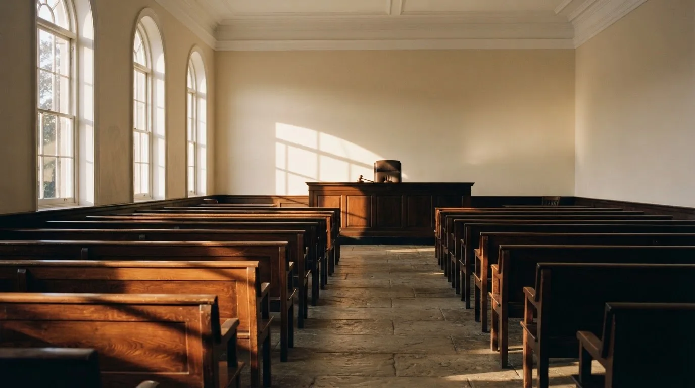 Een lege rechtszaal met houten banken in het ochtendlicht