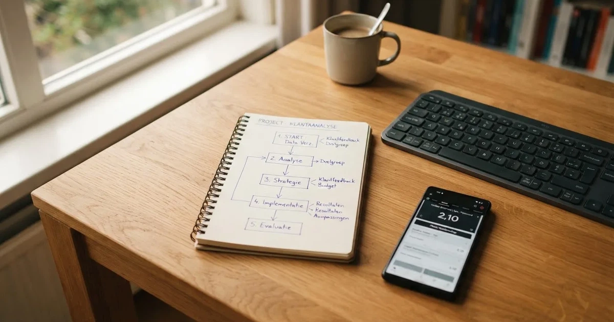 Een notitieblok met een met de hand getekend stappenplan naast een toetsenbord