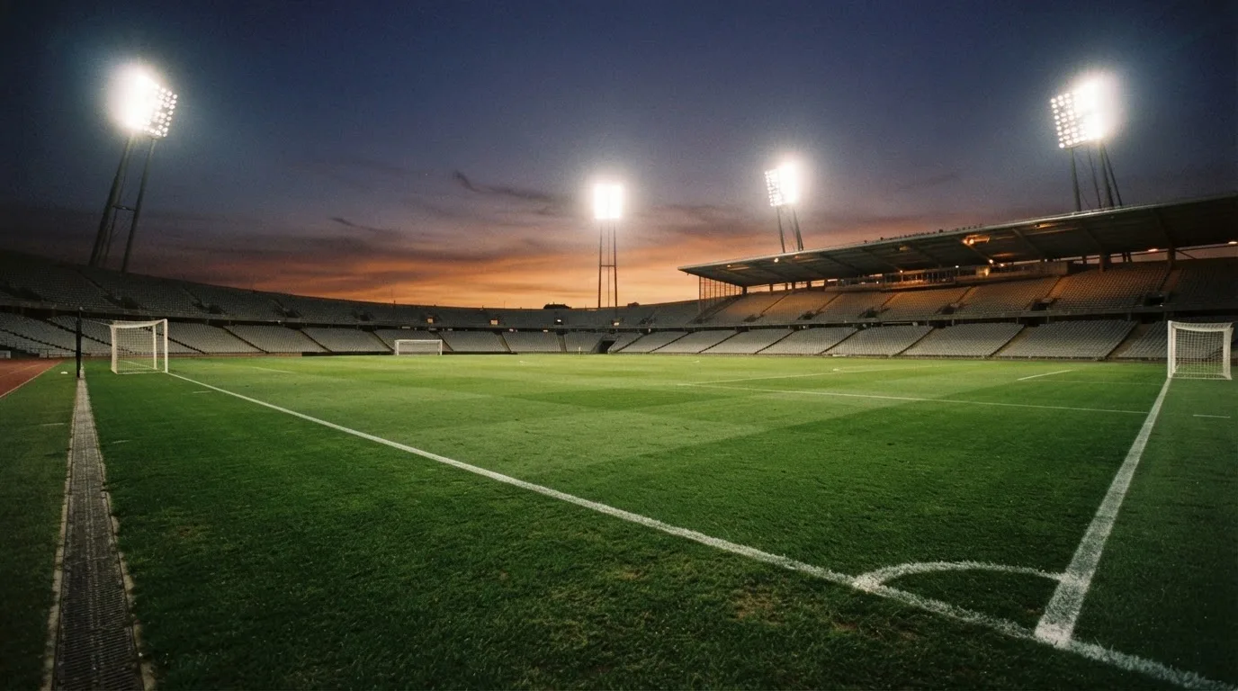 Een leeg voetbalstadion met lichtmasten bij schemering