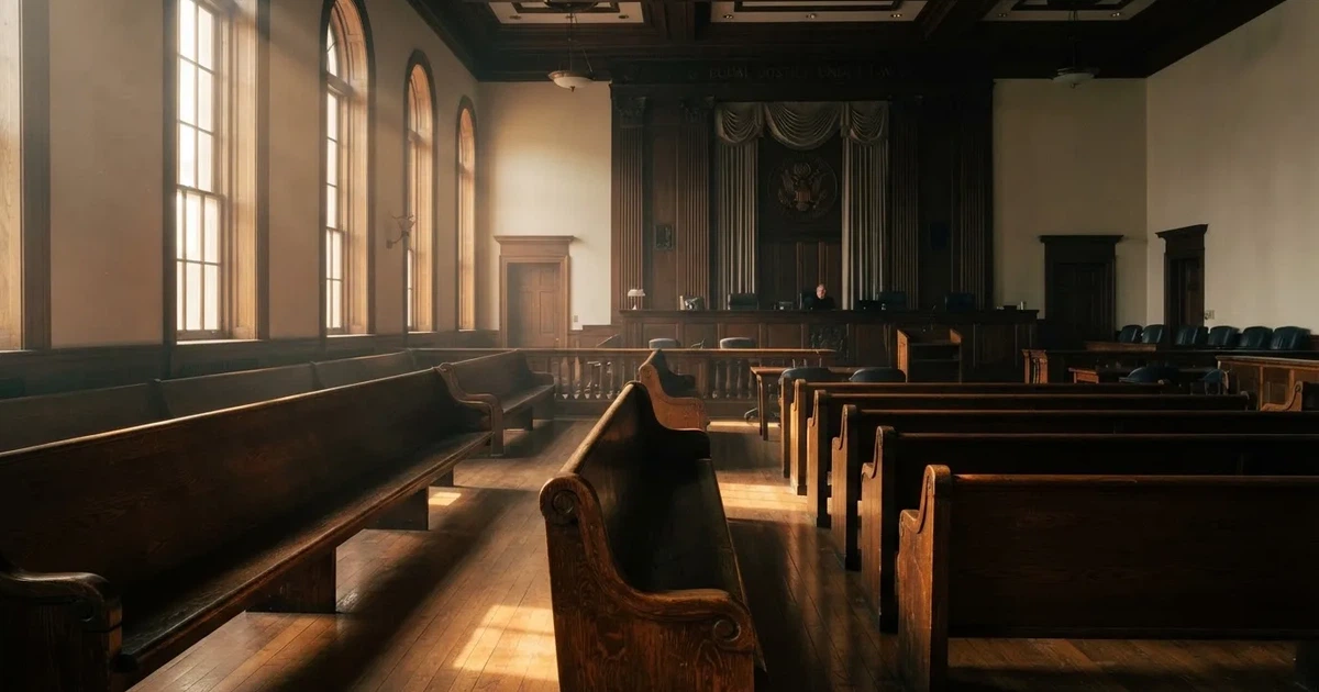 Een lege rechtszaal met houten banken in het ochtendlicht