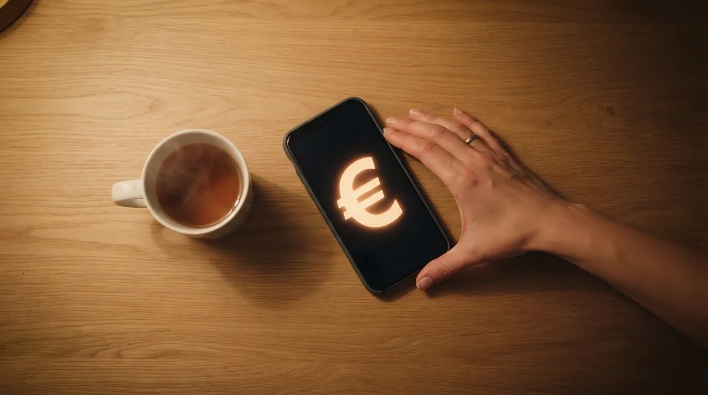 Een hand legt een smartphone naast een kopje thee op een keukentafel, een rustige avond