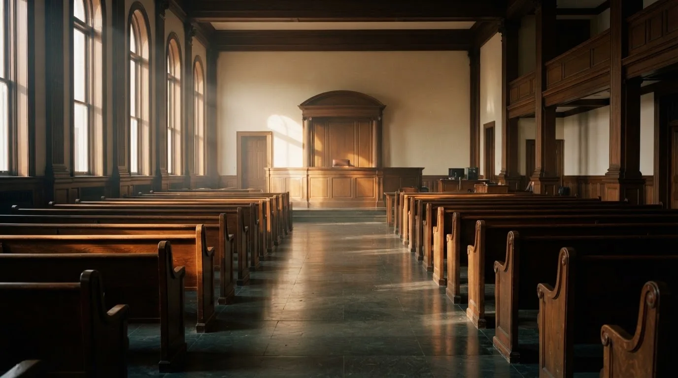 Een lege rechtszaal met houten banken in het ochtendlicht