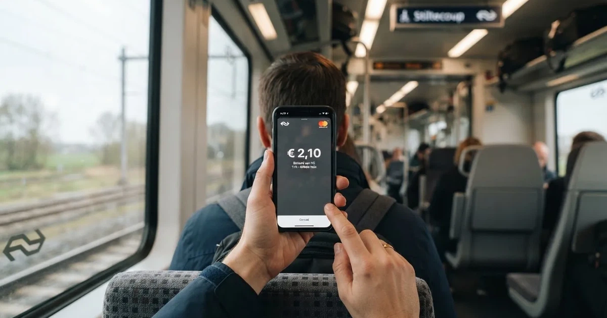 Een hand houdt een smartphone vast in de trein, het scherm van de camera afgewend