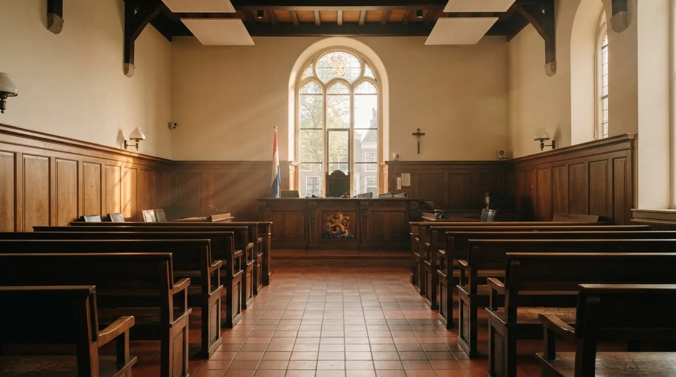 Een lege rechtszaal met houten banken in het ochtendlicht