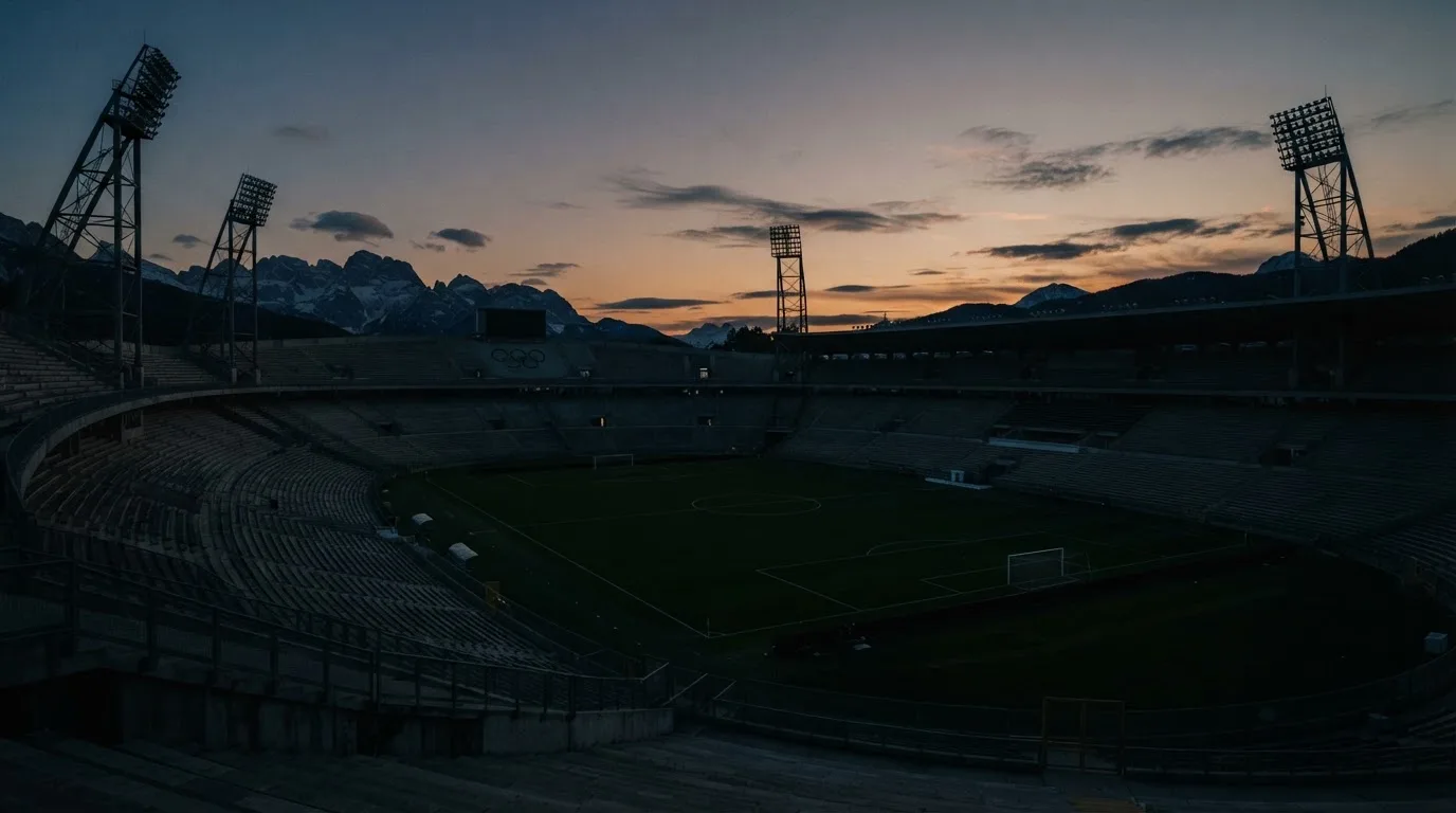 Een leeg voetbalstadion met lichtmasten bij schemering