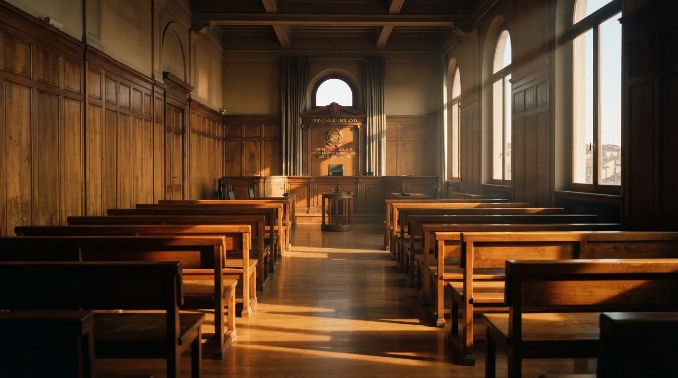 Een lege rechtszaal met houten banken in het ochtendlicht