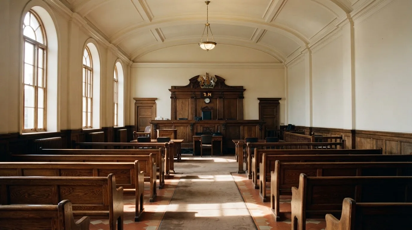 Een lege rechtszaal met houten banken in het ochtendlicht