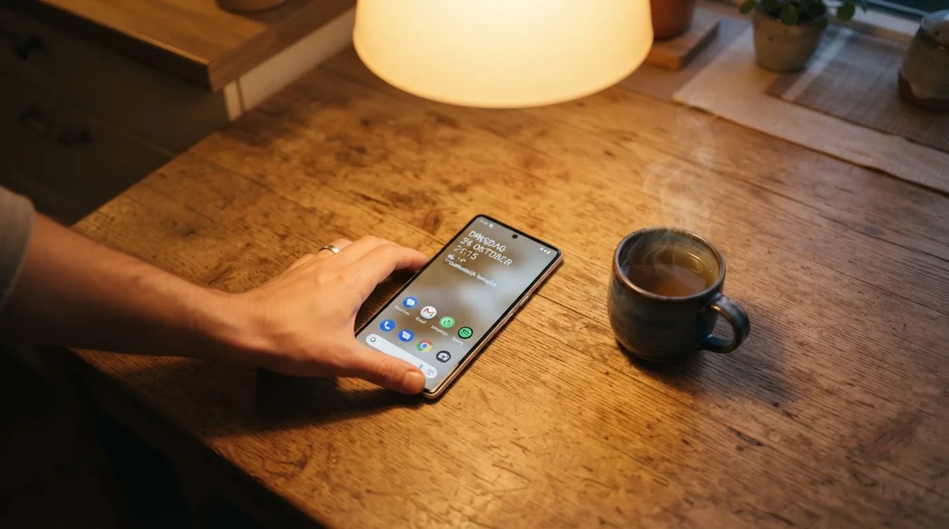 Een hand legt een smartphone naast een kopje thee op een keukentafel, een rustige avond