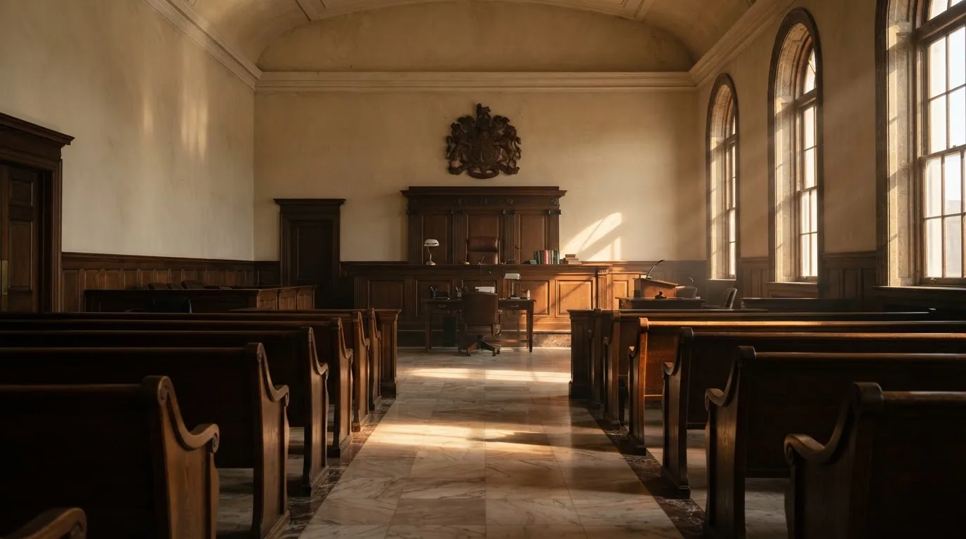 Een lege rechtszaal met houten banken in het ochtendlicht