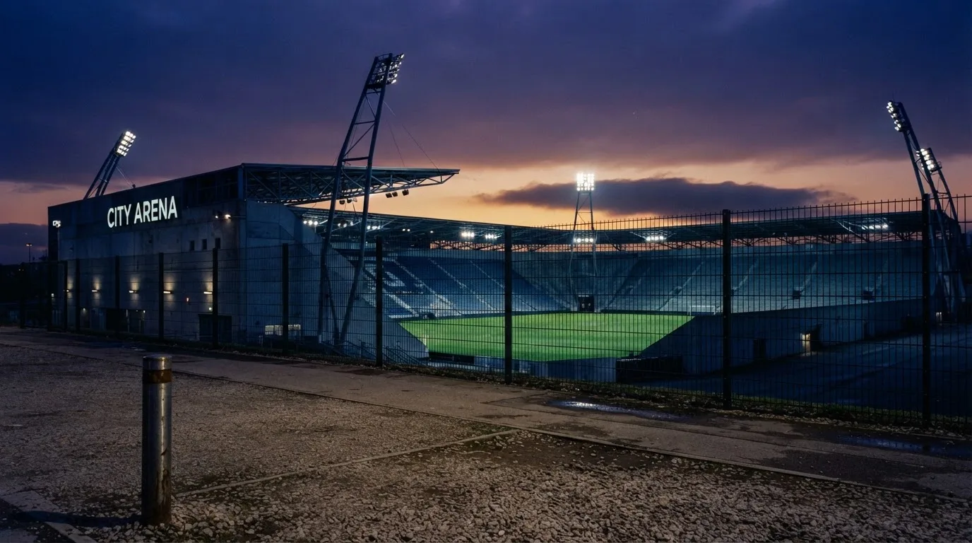 Een leeg voetbalstadion met lichtmasten bij schemering
