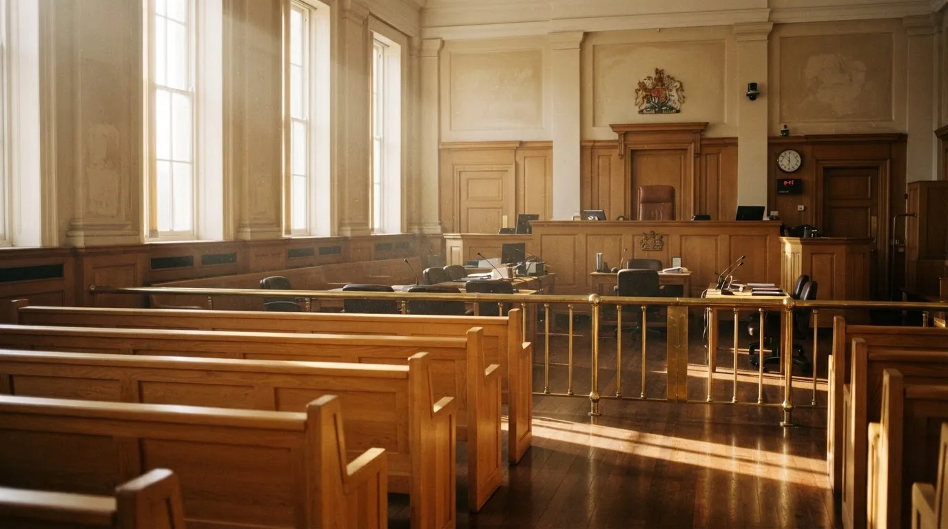 Een lege rechtszaal met houten banken in het ochtendlicht
