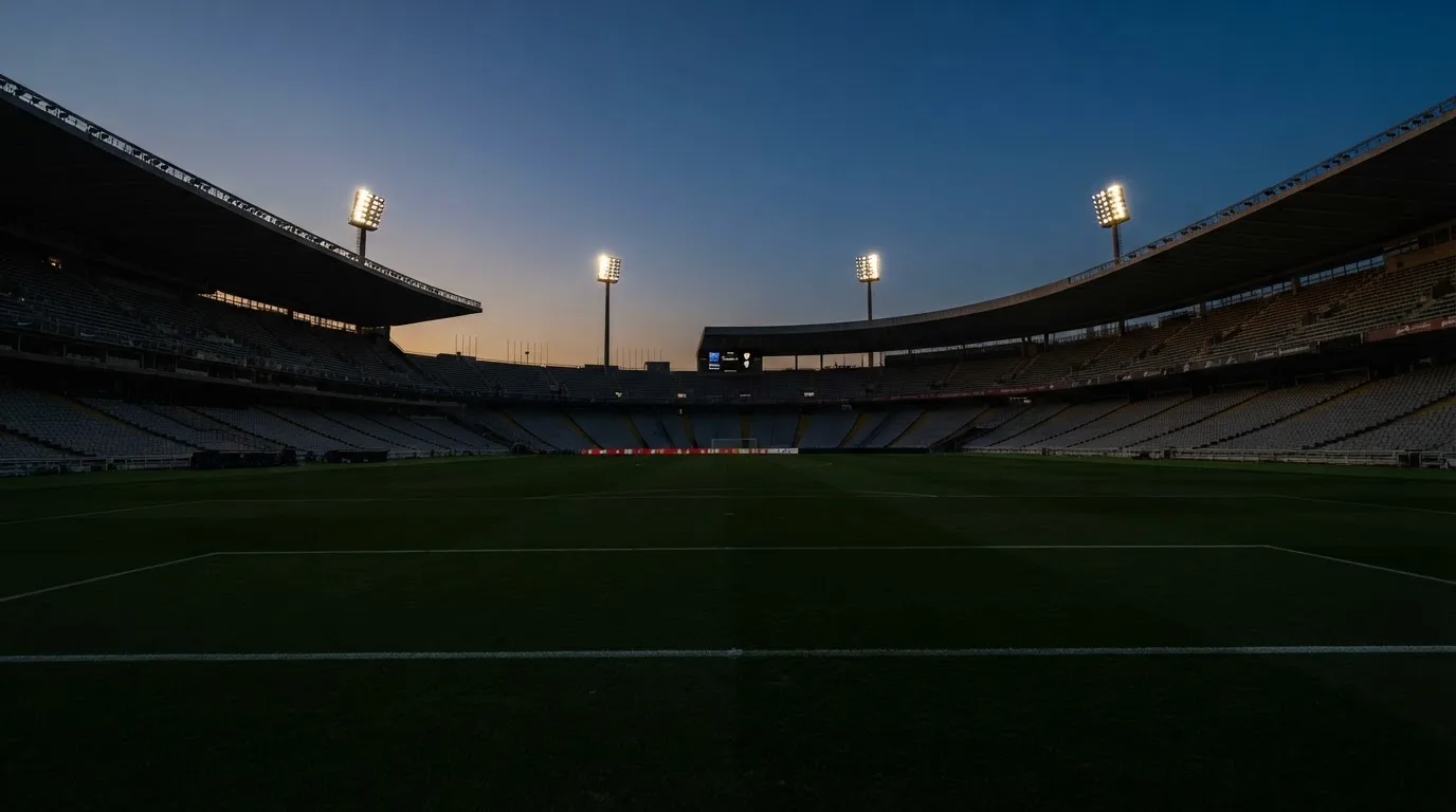 Een leeg voetbalstadion met lichtmasten bij schemering