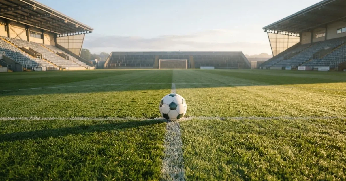 Een voetbal op de middenstip van een grasveld in het ochtendlicht