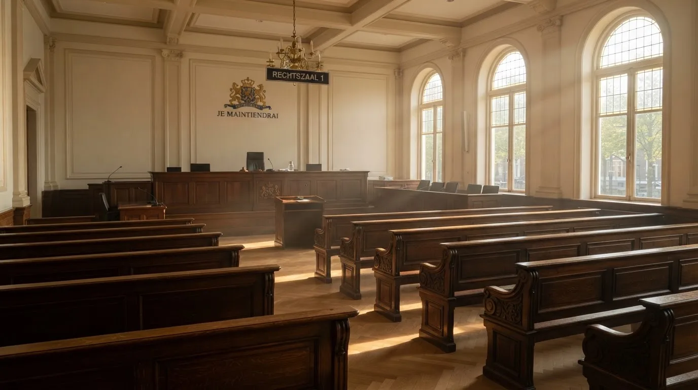 Een lege rechtszaal met houten banken in het ochtendlicht