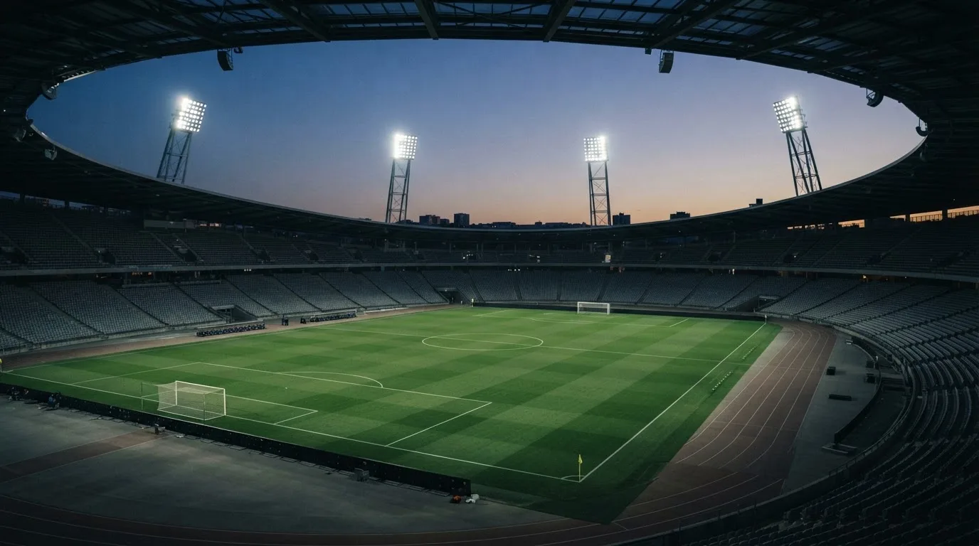 Een leeg voetbalstadion met lichtmasten bij schemering