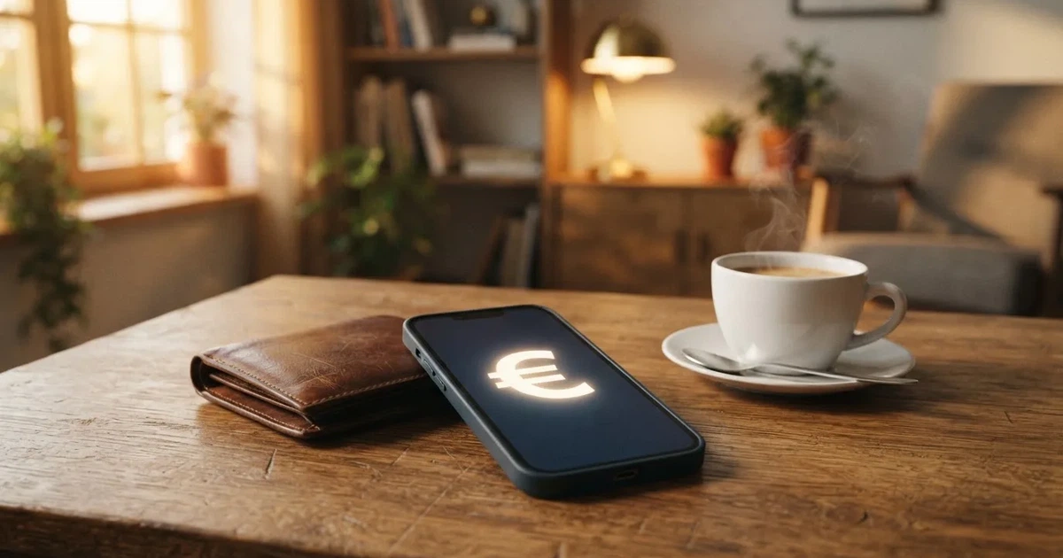 Een smartphone op een houten tafel naast een portemonnee en een kopje koffie