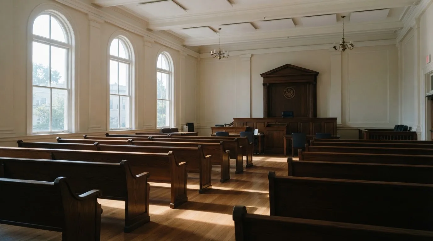 Een lege rechtszaal met houten banken in het ochtendlicht