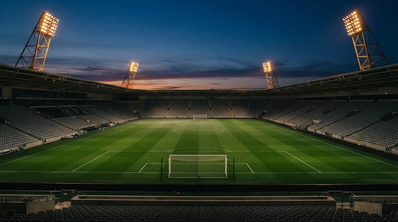 Een leeg voetbalstadion met lichtmasten bij schemering