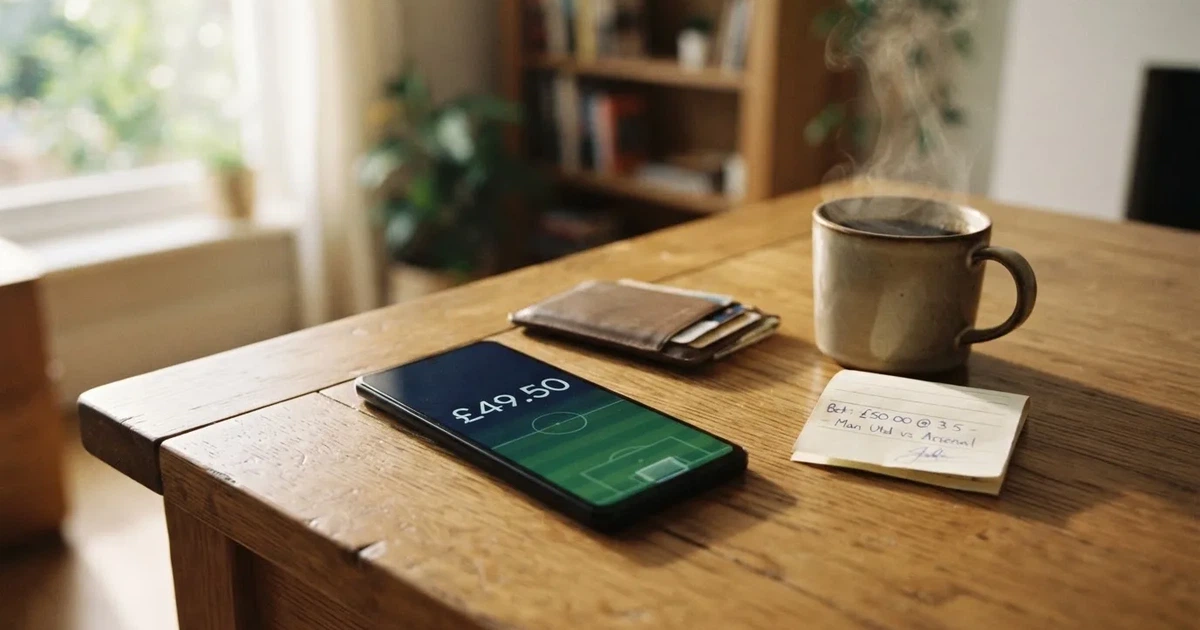 Een smartphone op een houten tafel naast een portemonnee en een kopje koffie