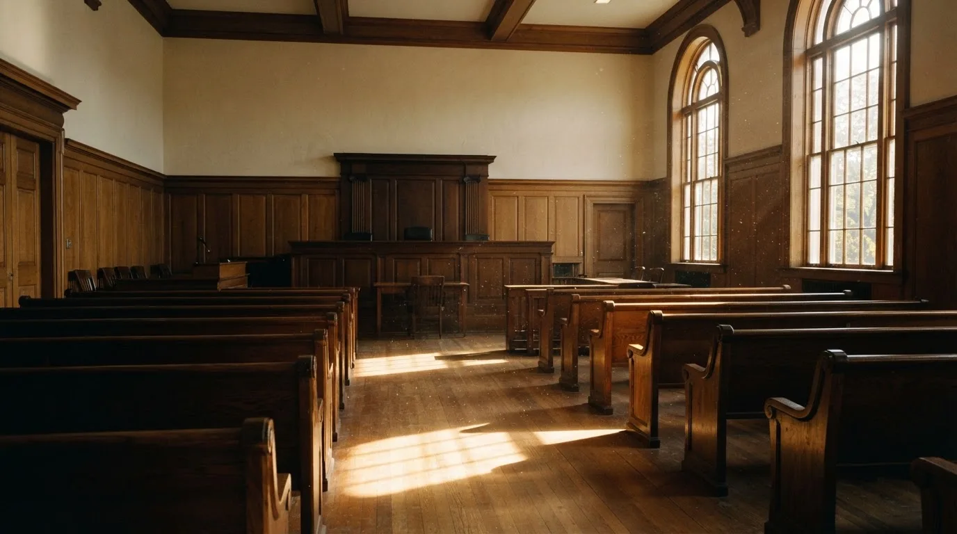 Een lege rechtszaal met houten banken in het ochtendlicht