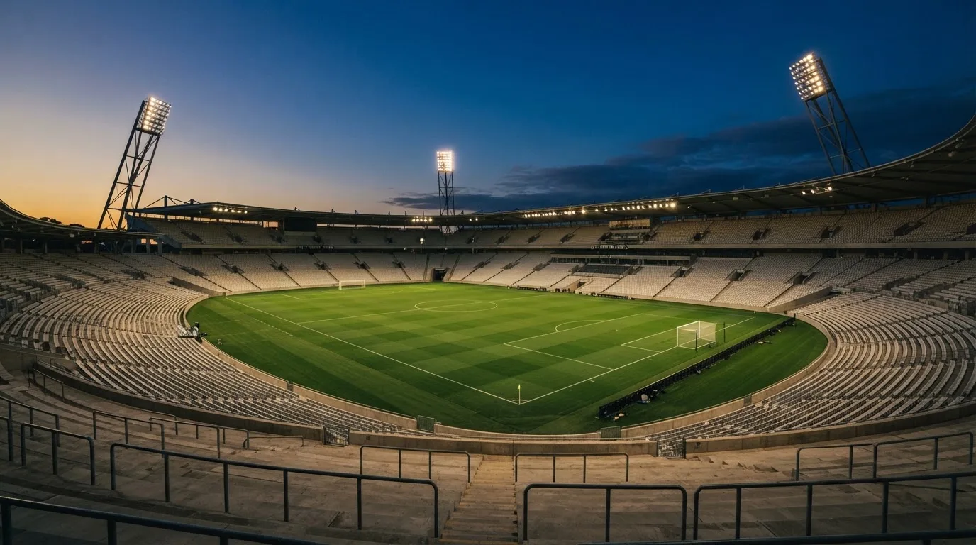 Een leeg voetbalstadion met lichtmasten bij schemering
