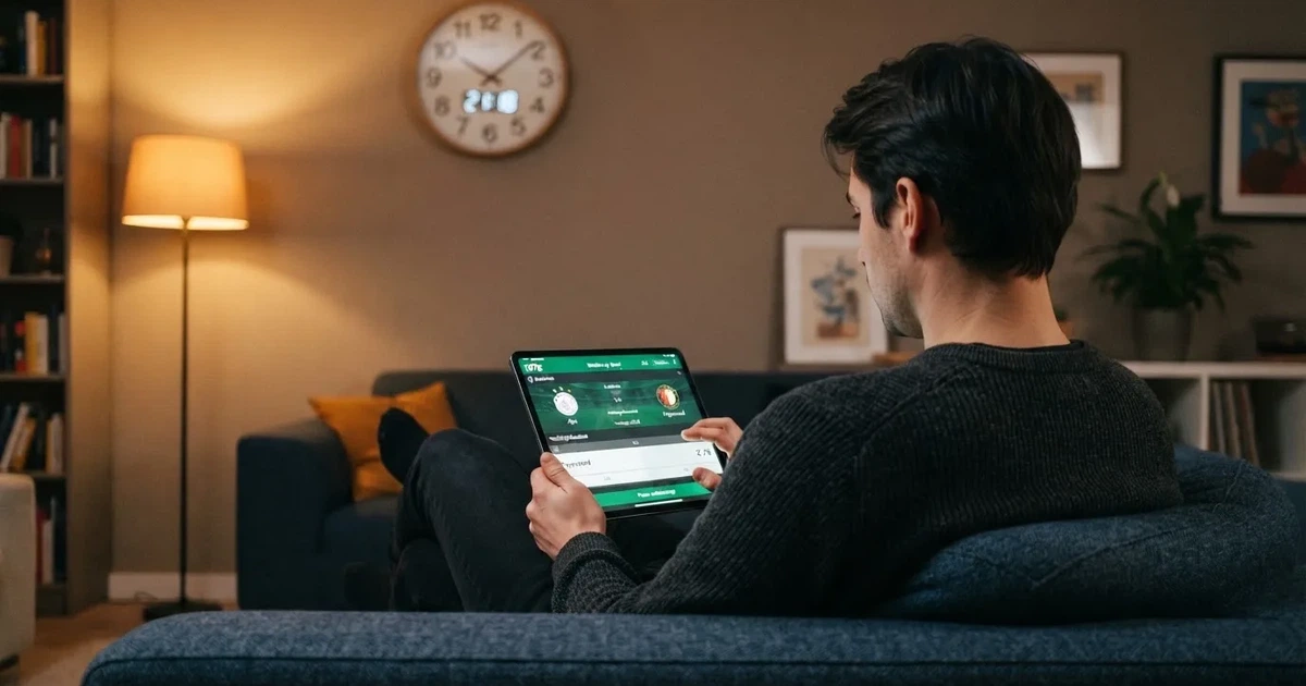 Een persoon op de bank kijkt peinzend naar een tablet, op de achtergrond een klok aan de muur