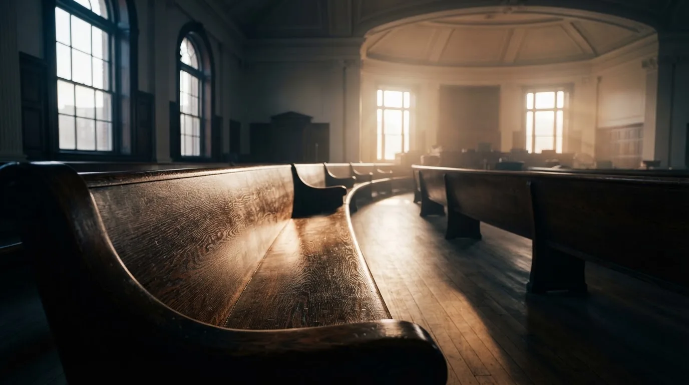 Een lege rechtszaal met houten banken in het ochtendlicht