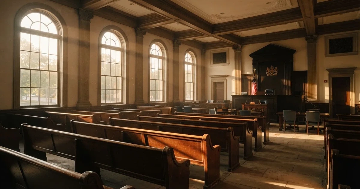 Een lege rechtszaal met houten banken in het ochtendlicht