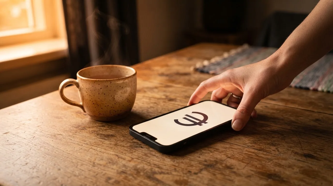 Een hand legt een smartphone naast een kopje thee op een keukentafel, een rustige avond
