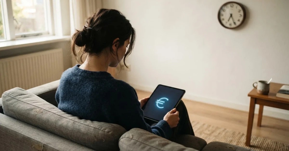 Een persoon op de bank kijkt peinzend naar een tablet, op de achtergrond een klok aan de muur