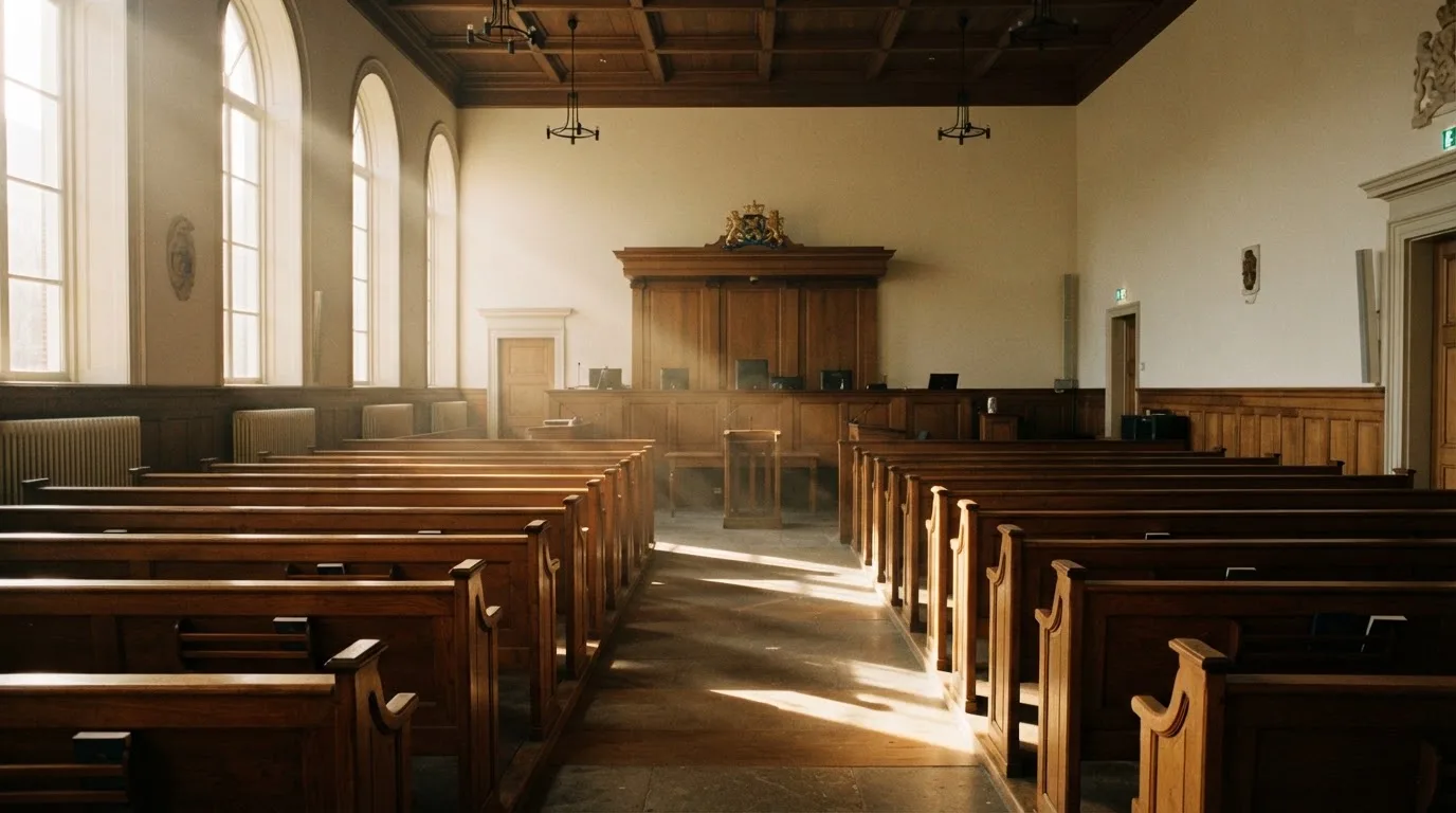 Een lege rechtszaal met houten banken in het ochtendlicht