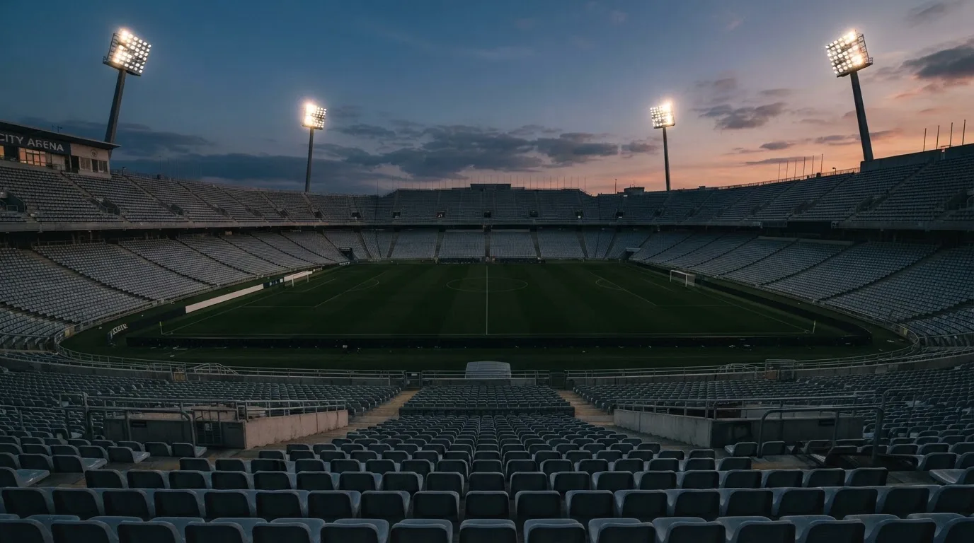 Een leeg voetbalstadion met lichtmasten bij schemering