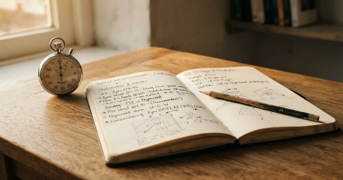 Een opengeslagen notitieboek met een potlood en een stopwatch op een houten tafel