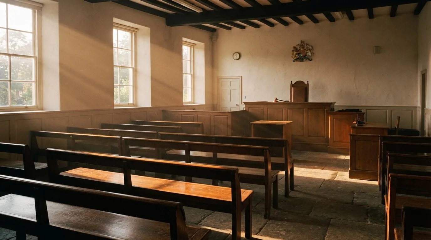 Een lege rechtszaal met houten banken in het ochtendlicht