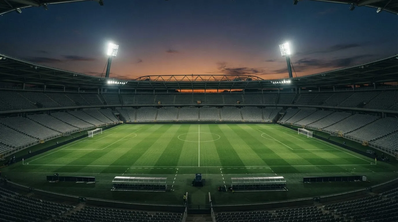 Een leeg voetbalstadion met lichtmasten bij schemering